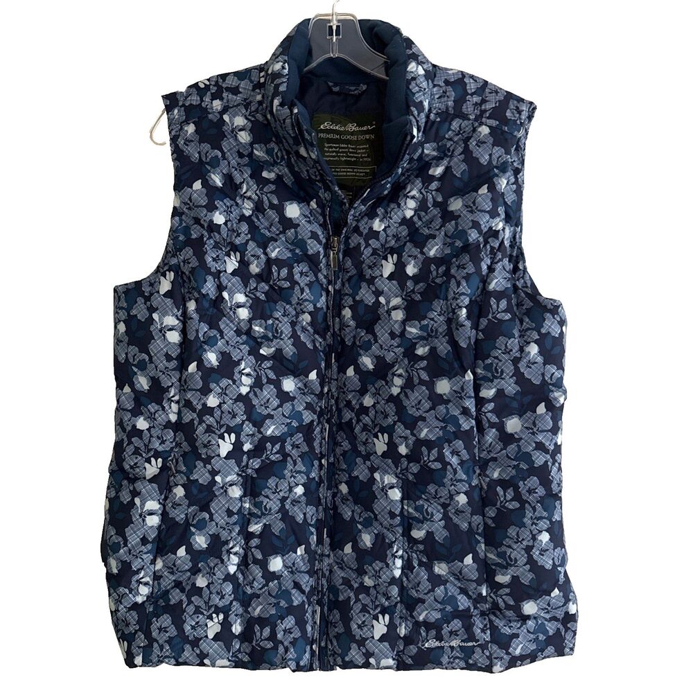 Eddie Bauer Premium Goose Down Puffer Vest Womens XL Navy Floral Lightweight Zip